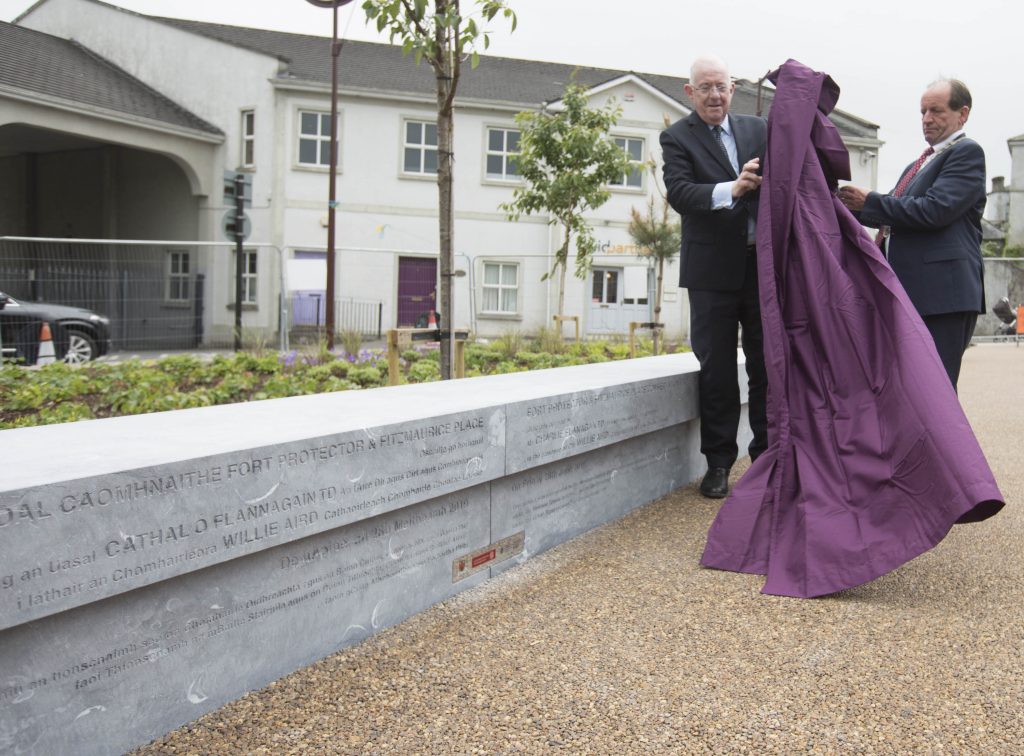 Minister Charlie Flanagan and Cathaoirleach Willie Aird perform the unveiling at the formal opening of the Fort Protector/Fitzmaurice Place conservation project. Picture: Alf Harvey.