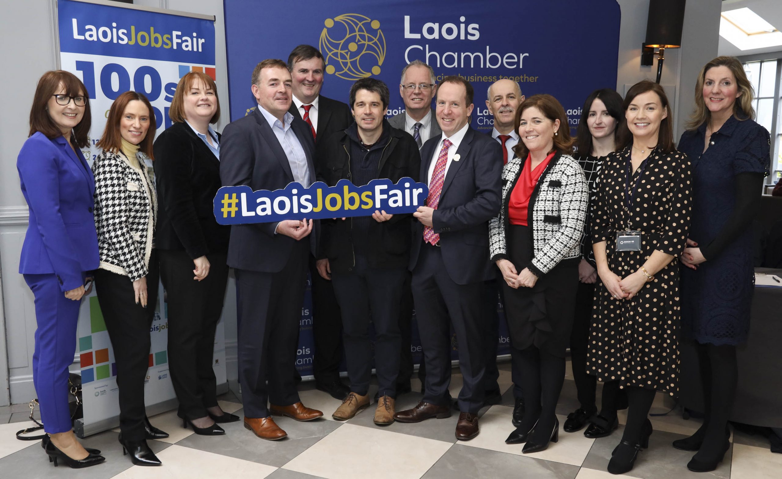 Laois Chamber president Martin Crowley and chief executive Bernie Everard with sponsors at the Laois Jobs Fair organised by the Laois Chamber of Commerce in the Midlands Park Hotel, Portlaoise. From left: Evelyn Reddin, LEO; Naoise Coogan, Nuala OÕRegan and Kevin Egan, Glanbia Cheese; John Mulholland, chief executive Laois County Council; Mark Clancy and Peter OÕNeill, Laois Partnership; Martin Crowley, Laois Chamber; Gerry Murphy, Laois County Council; Bernie Everard, Laois Chamber; Amie Colgan, Nuvo Recruitment; Sinead Grehan, Iridium HR and Sandra Doyle, LOETB. Photo: Alf Harvey, no reproduction fee.